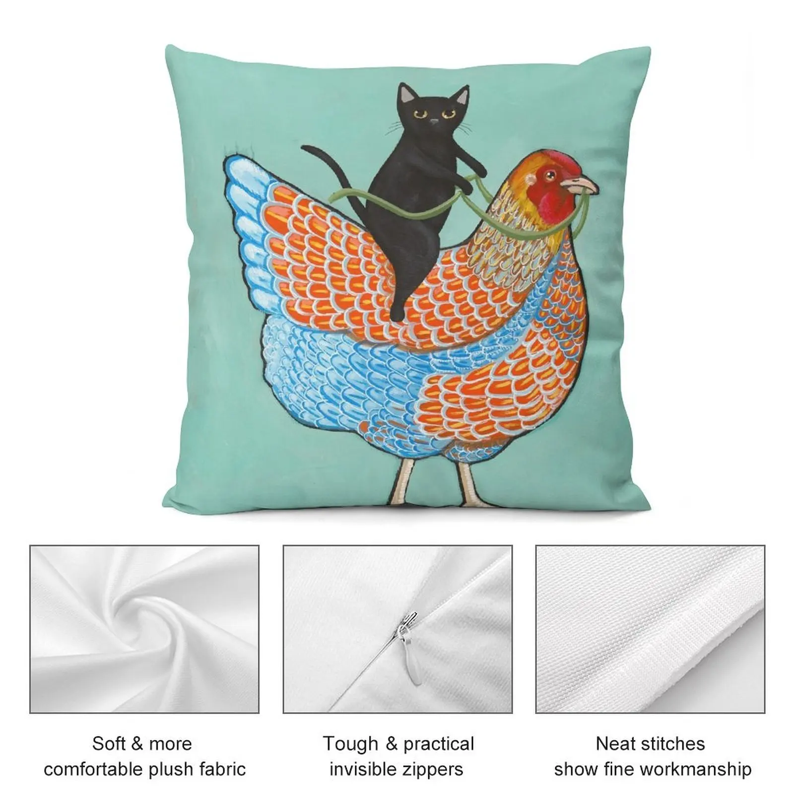 Декоративная наволочка с изображением курицы и черной кошки