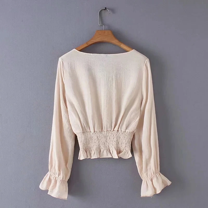 Новая женская однобортная рубашка с V-образным вырезом и эластичным подолом