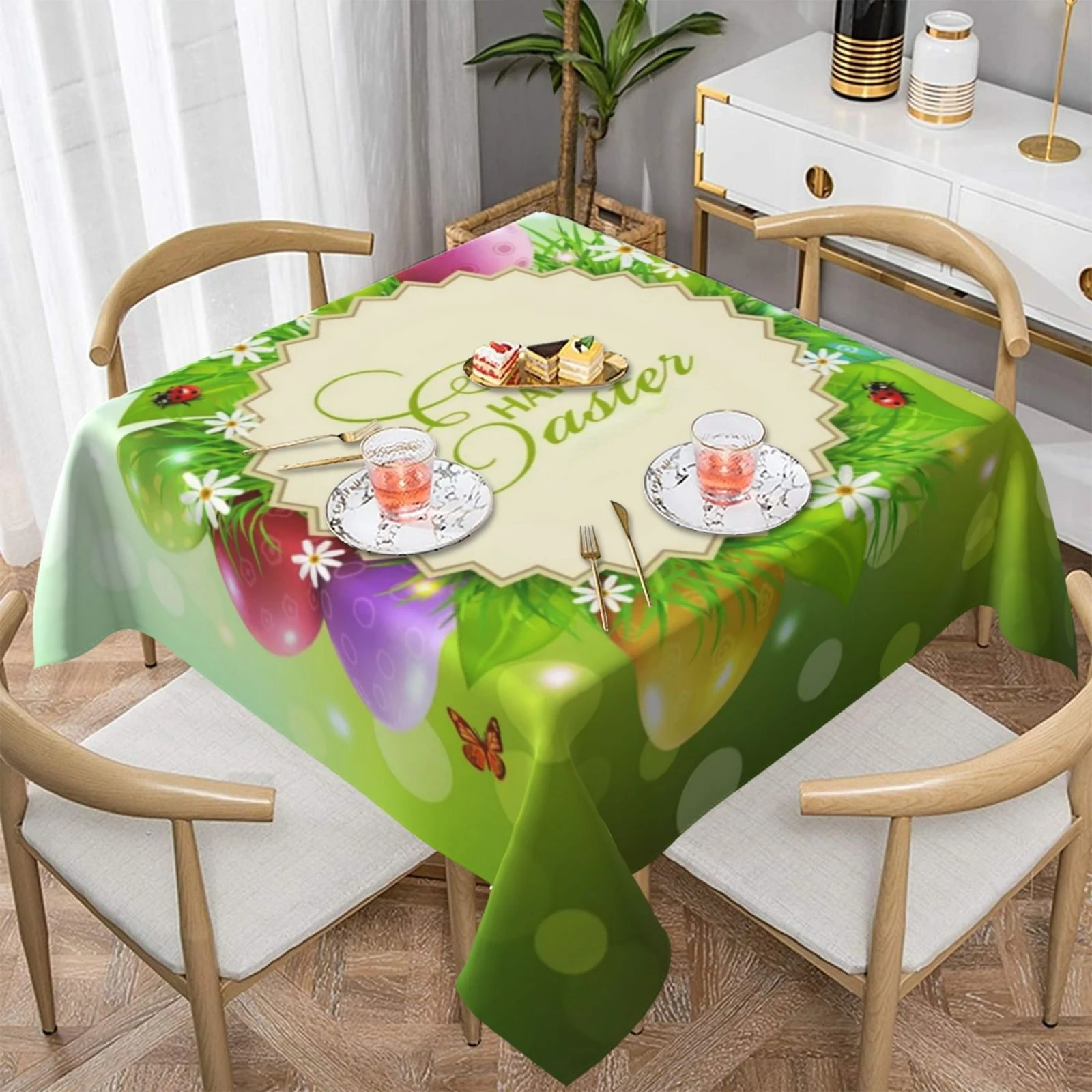 

Funny Easter Bunny Square Tablecloth Cute Rabbit Eggs Table Cloth Cover Mat Decorative for Dining Room Wedding Holiday 60"X60"