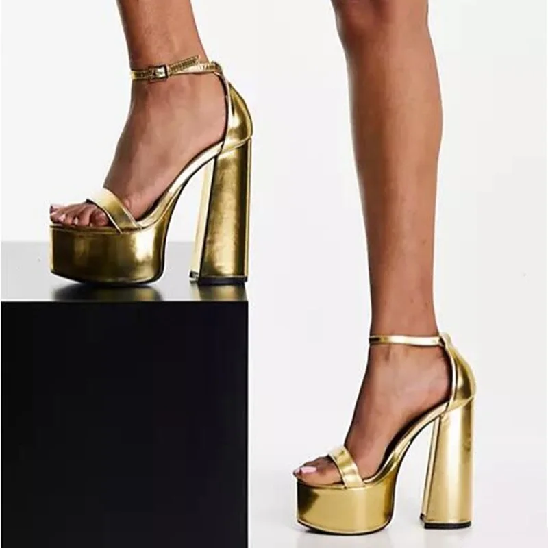 

Золотые кожаные сандалии на массивном каблуке с ремешком на щиколотке с открытым носком на высокой платформе классические туфли с вырезами искусственная летняя Клубная обувь