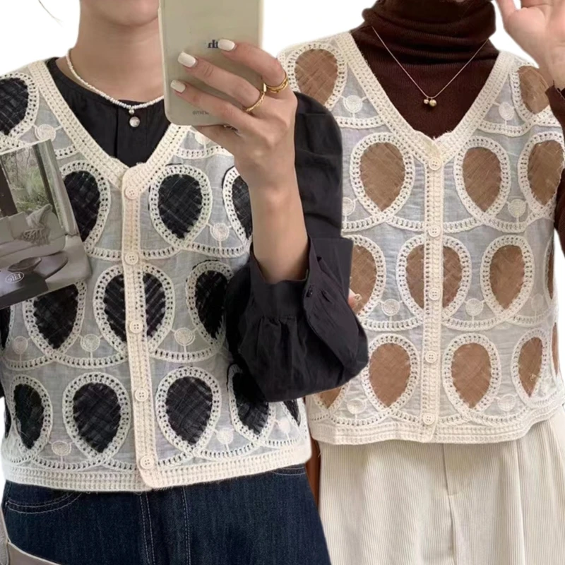 

MXMA Autumn Crochet Vest Waistcoat Women Knit Geometric Sleeveless Cropped Cardigan