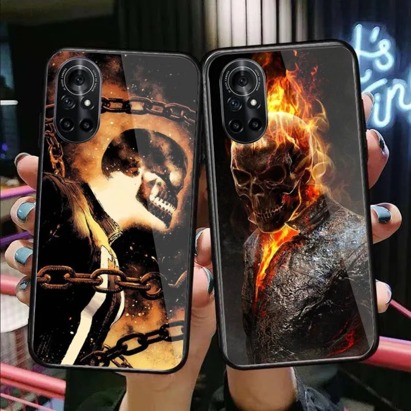 

Flaming Skull Fire Phone Case For Huawei P50 P40 P30 P20 Pro Mate 40 30 20 Pro Nova 9 8 7 PC Glass Phone Cover