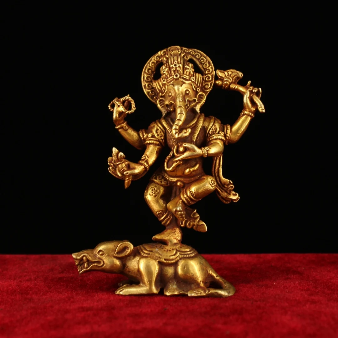 

4" Tibetan Temple Collection Old Purple Bronze Gilt Ganesha Step on the cow worship buddha Town house Exorcism