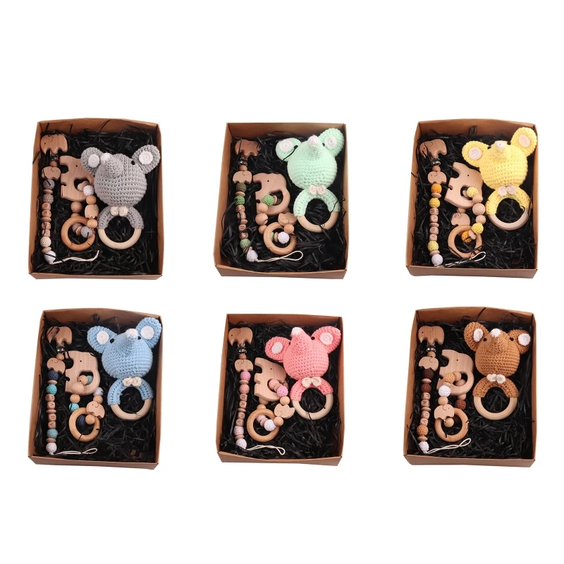 

3Pcs Cute Wood Teether Natural Wooden Baby Rattle Toys Montessori Teething Rings G2AE