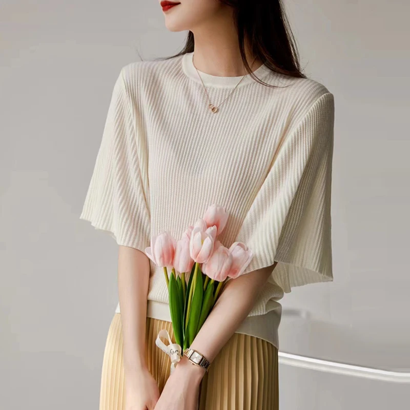 

Elegant Knit Butterfly Sleeve Blouse Summer Women O Neck Loose Tops Ladies 2023 New Blusa Mujer Casual Loose Knitted Shirt 27188