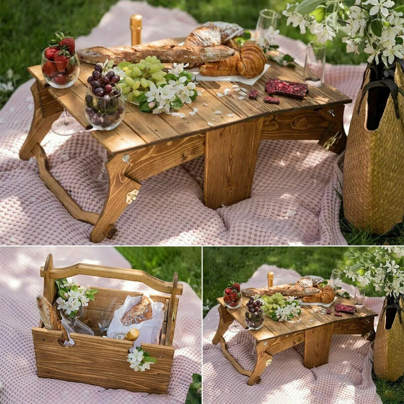 Folding Basket Table Foldable Portable 2 In 1 Basket Outdoor Wine And Snack Table For Family over Sink Dish Drainer Shelf