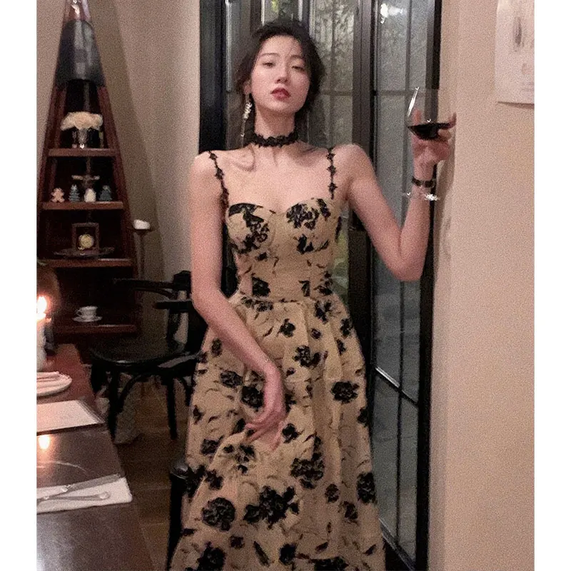 

French Floral Strap Midi Dress Woman Elegant Sleeveless Even Party Black Dress Summer Beach Sexy Korean Backless Dress Vestido