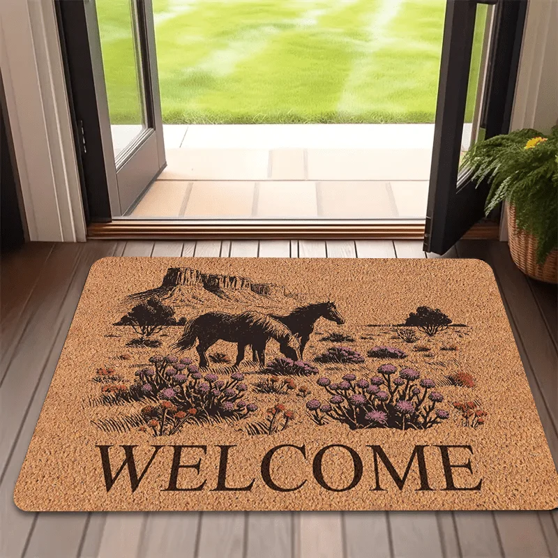Фото Фланелевый придверный коврик Western Horse & Wildflower Welcome, с деревенским природным дизайном, противоскользящий, впитывающий влагу, для прихожей и веранды №1