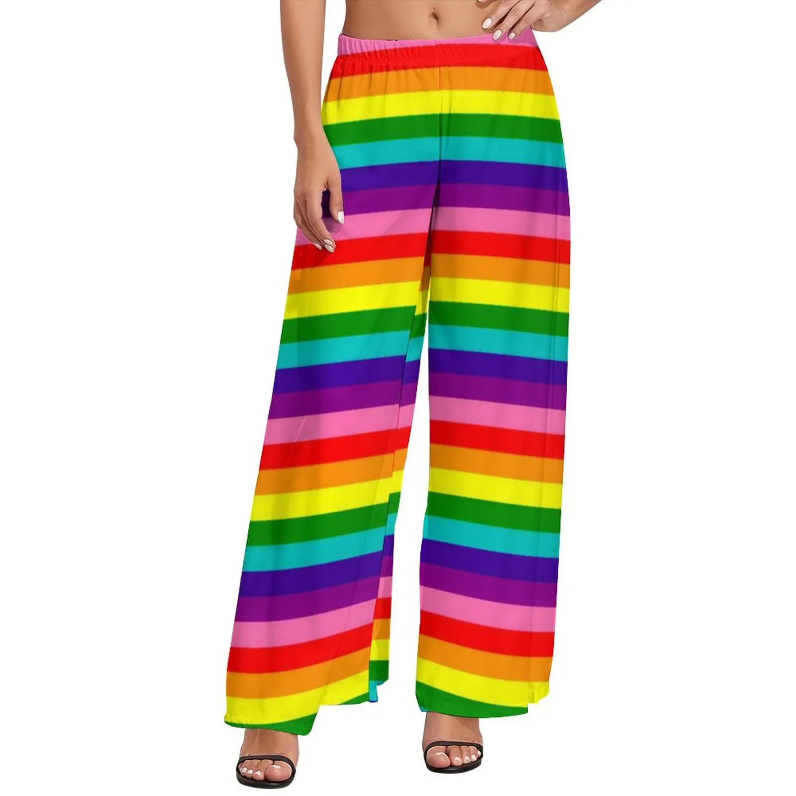 

Rainbow Pride Flag Pants Elastic High Waist LGBT Colorful Stripes Classic Trousers Streetwear Print Wide Pants