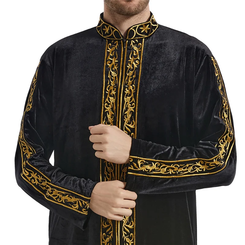 Men Jubba Thobe Saudi Arabia Islam Clothing Velvet Embroidery Long Sleeve Zipper Abaya Muslim Fashion Kaftan Muslim Men Clothing