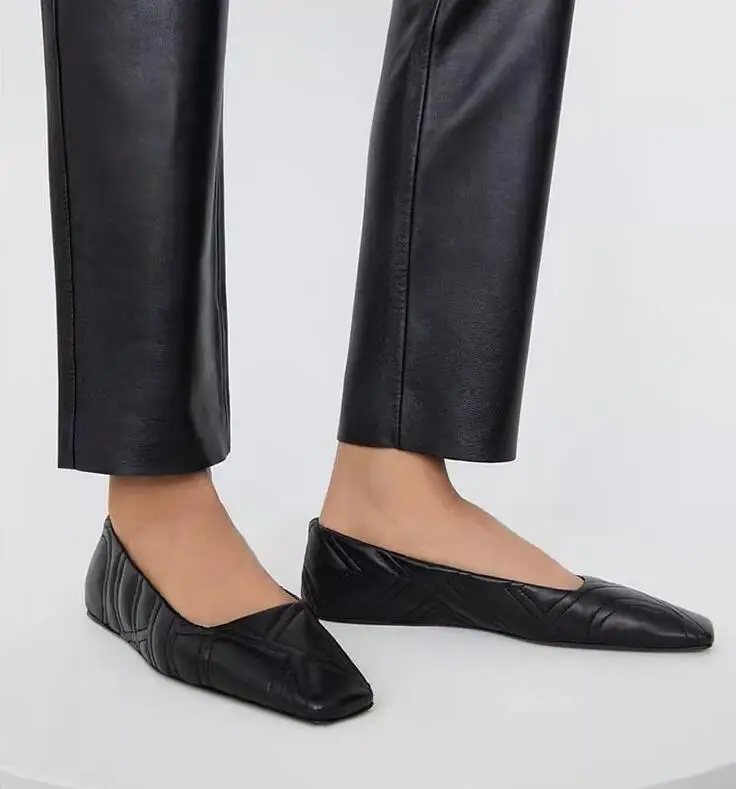 

2023 New Genuine Leather Square Toe Single Shoes Women's British Style Retro Flat Shoes All-Match