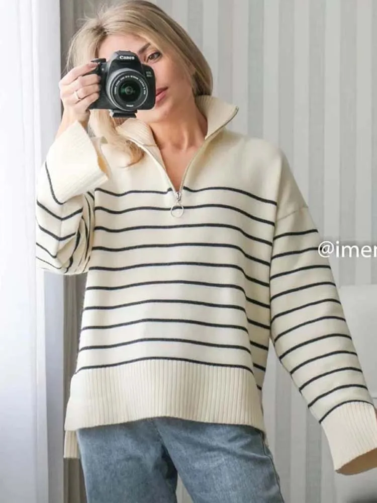 

Women Sweater 2022 Fashion Stripe Loose Zipper Knitting Sweaters Vintage Female Clothing Asymmetry Female Pullover Tops