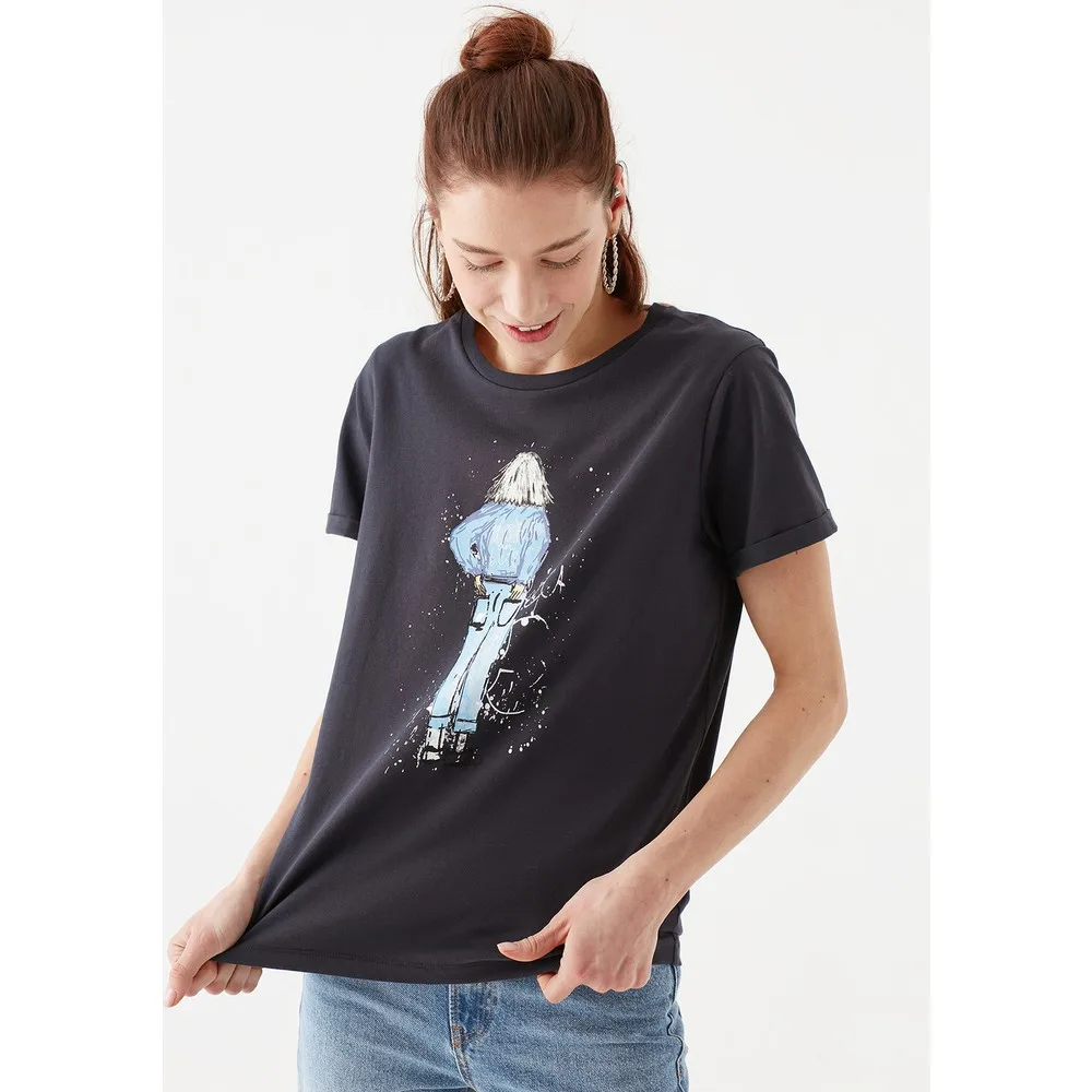 

Women Denim Printed Gray IStanbul Tshirt 168890-29726 T Shirt Y2K Top Nostalgic Summer Women T-Shirt Anime bluz