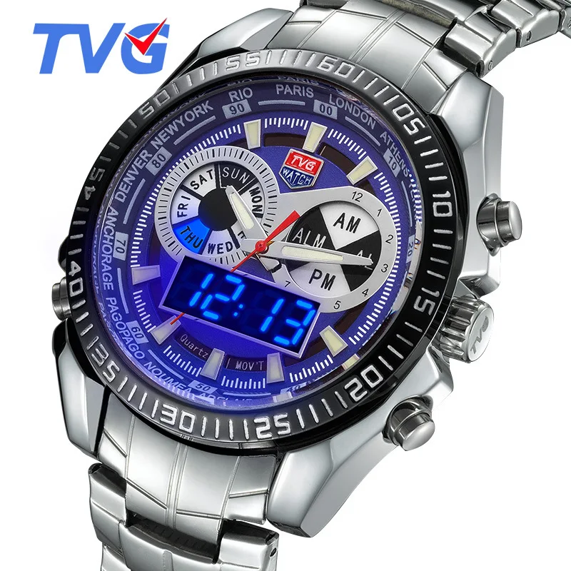 

TVG Super Cool Dual Display Digital Watch for Men Luxury Stainless Steel Band Waterproof Sport Electronic Watches Man relojes