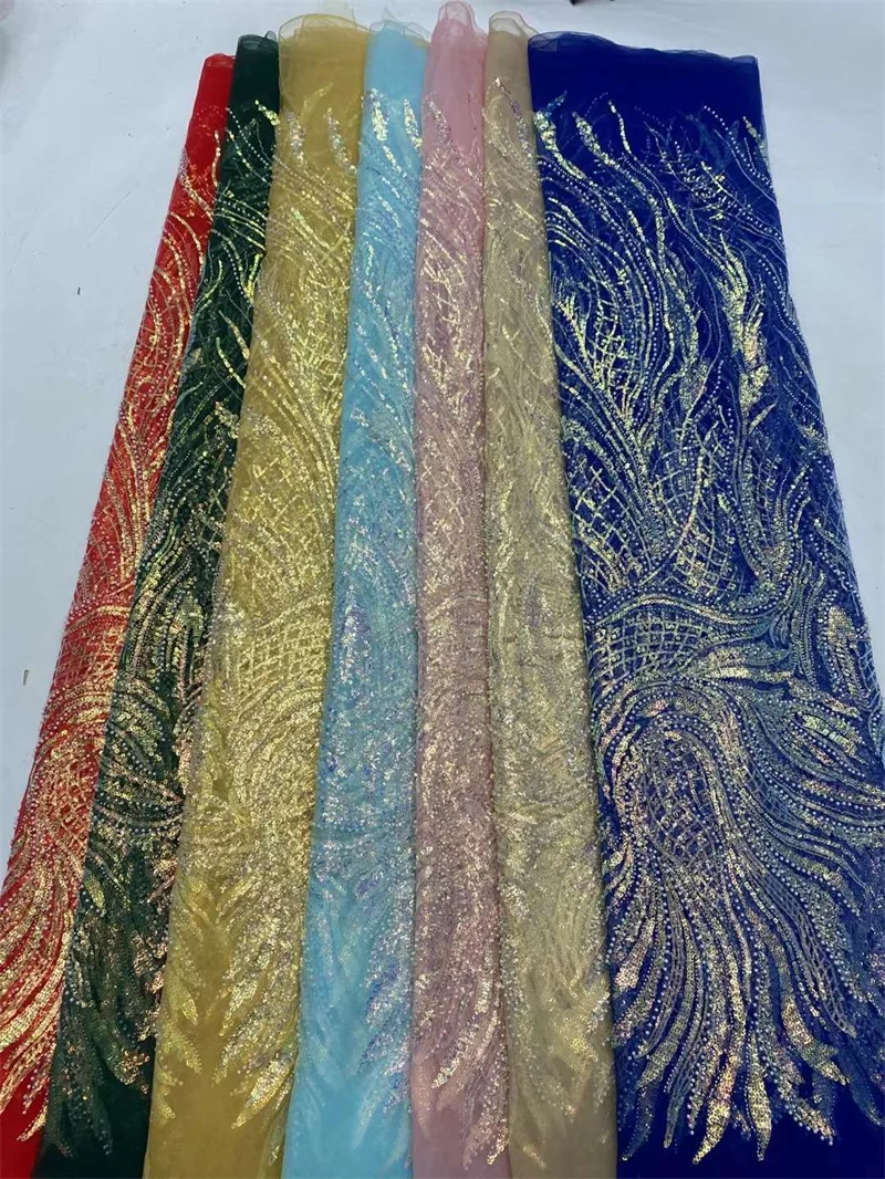 Нежная золотистая французская кружевная ткань с жемчугом и блестками Тюлевая