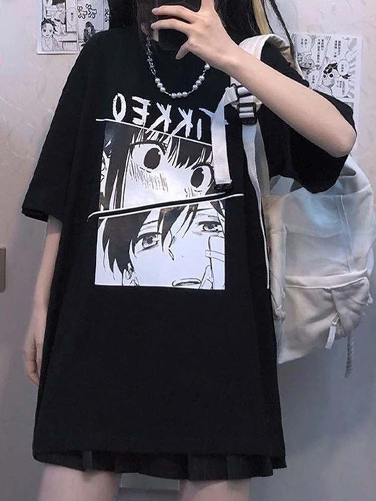 Japanese Anime T Shirt Women T-shirt Kawaii Cartoon Print Tops Summer Short Sleeve Harajuku Graphic Tees Streetwear Clothes Kpop