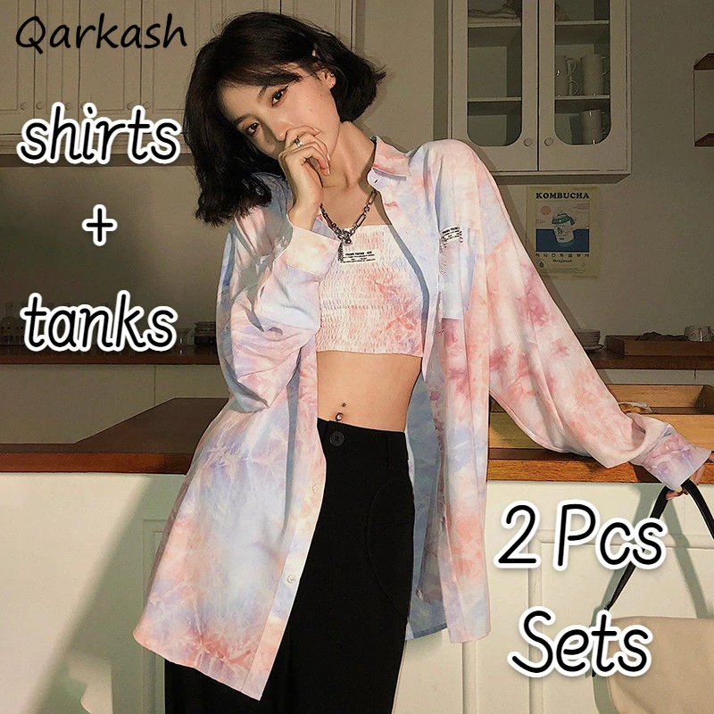 

Tie Dye 2 Pieces Sets Women 2022 Summer Crop Tanks + Long Sleeve Baggy Shirts High Street Korean Style New Arrival Outfits Y2k