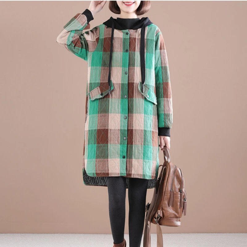 Women's Winter Clothes Long Plaid Hooded Padded Jacket Parka Jacket Plus Size Long Sleeve Top Korean Fashion Loose Free Shipping
