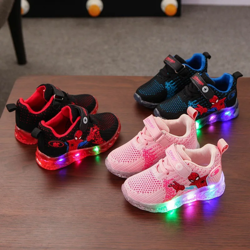 Spiderman Disney Kids Sneakers LED Lighted Classic Boys Red Shoes Sporst Running Fashion Infant Tennis Children Casual Shoes