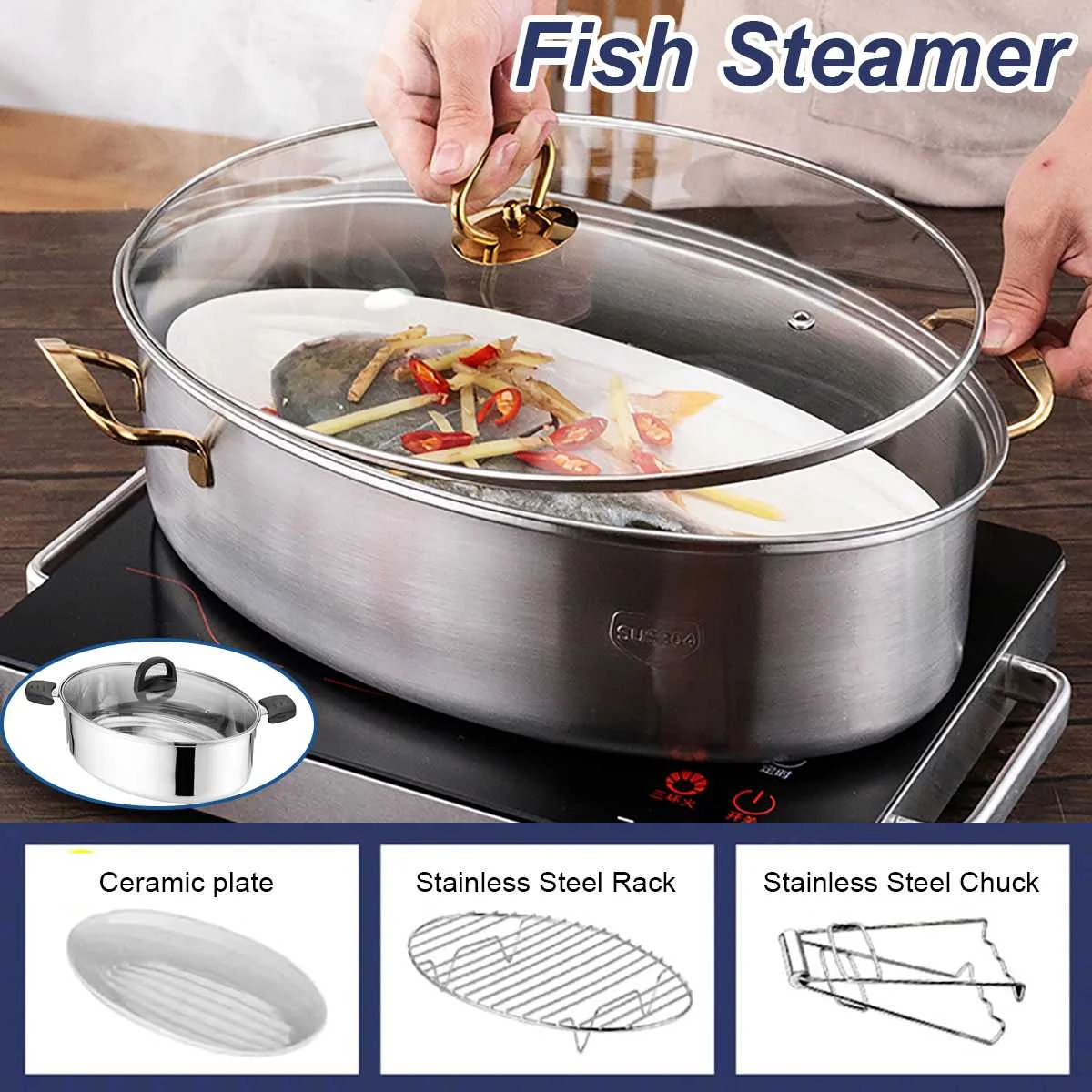Stainless Steel Fish Steamer Multi-Use Oval Roasting Cookware  Hotpot with Rack Ceramic Pan Chuck Pasta Pot Stockpot