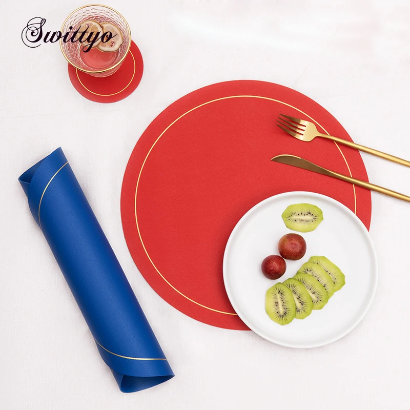 

33cm Western Faux Leather Round Placemats Cup Coasters Coffee Mugs Waterproof Mats Plate Charger Dining Table Decor