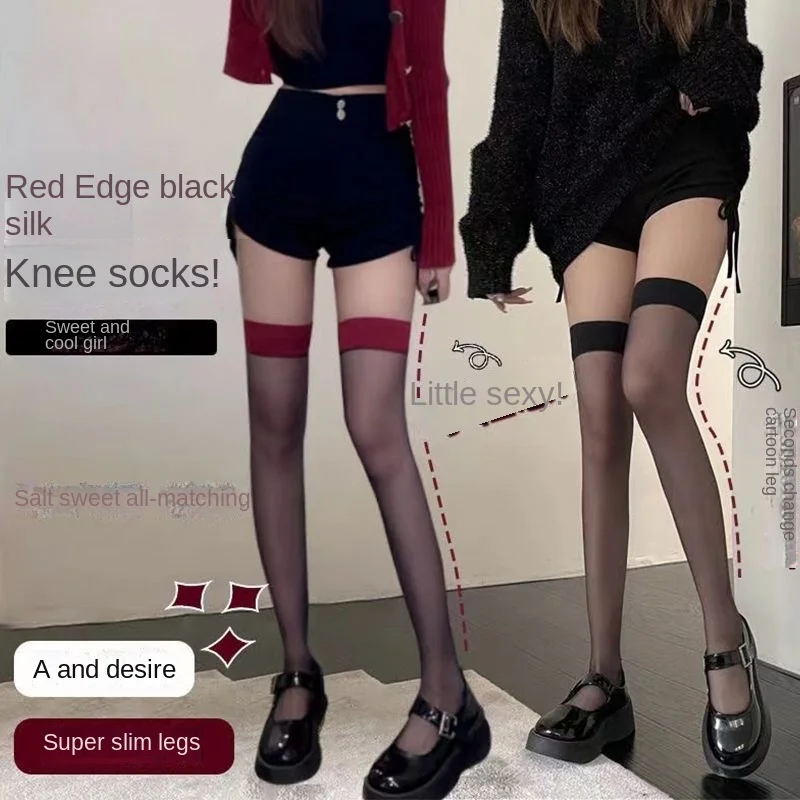 

Stockings ladies red edge sexy black stockings wear thin high tube over the knee socks thin stockings wholesale