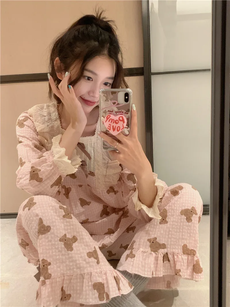 

Cartoon Plaid Print Bear Pajamas Sweet Princess Style Homewear Casual Loose Night Suit Japanese Kawai Lace Bow Loungewear D795