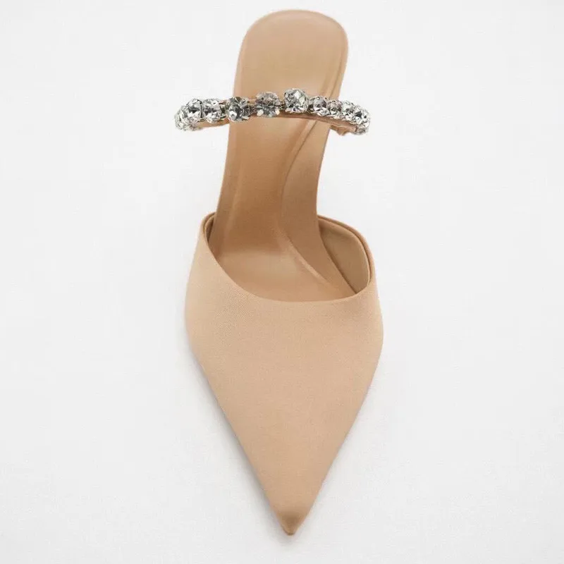 TRAF Summer Heels Women Pumps 2022 Rhinestone High Heels Mules Elegant Office Modern Slingback Heeled Shoe Beige Black Heels