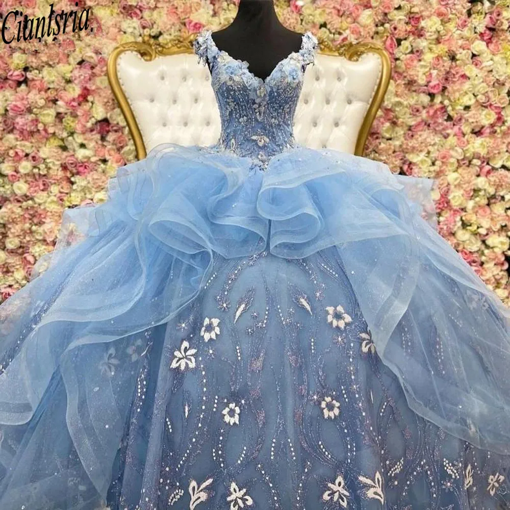 

Светильник-голубое платье принцессы Quinceanera, женское платье с блестками и цветами для вечеринки, милое платье 16, платья 15 лет