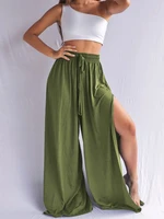 spring and summer popular fashion temperament womens casual loose drawstring side slit solid color commuter wide leg pants