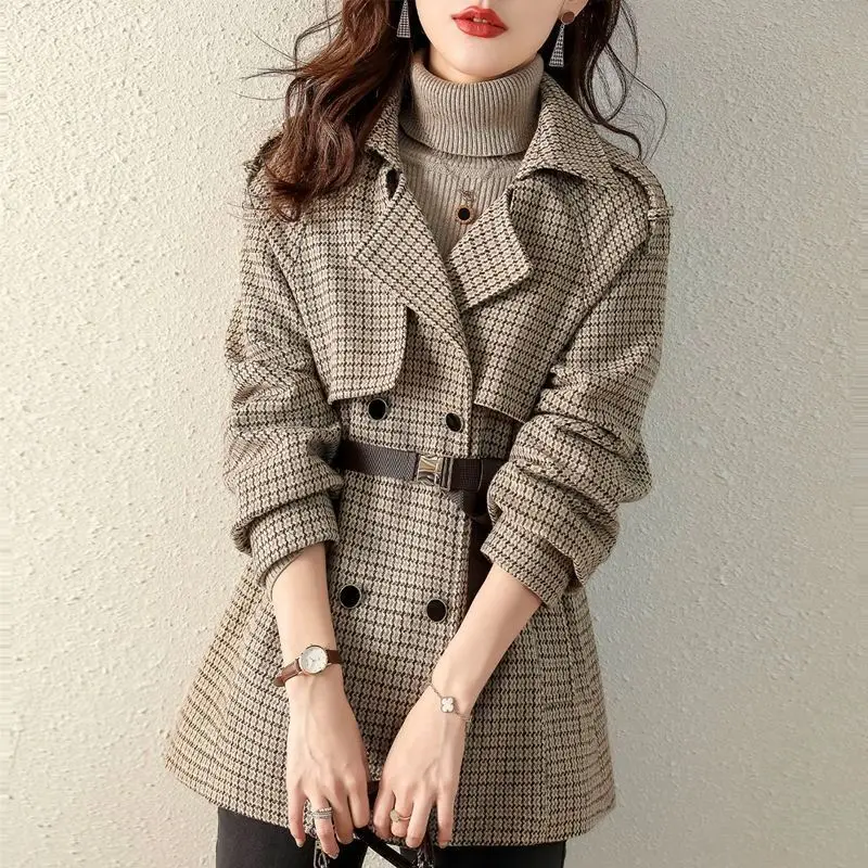 

Autumn Women Jacket Overcoat Female Plaid Long Coat Oversize Blends Ladies Retro Streetwear Double Button Cardigan Coat G132