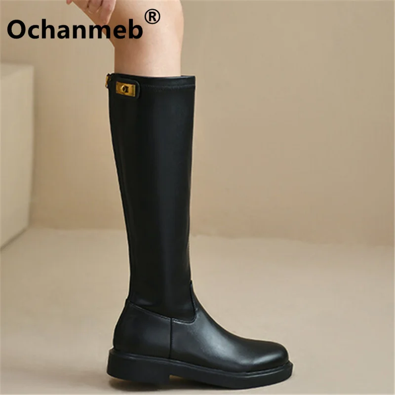 

Ochanmeb Small Size 31-43 Stretch Microfiber Leather Knee High Boots Women Low Heels Zipper Brand Metal Lock Boots Ladies Casual