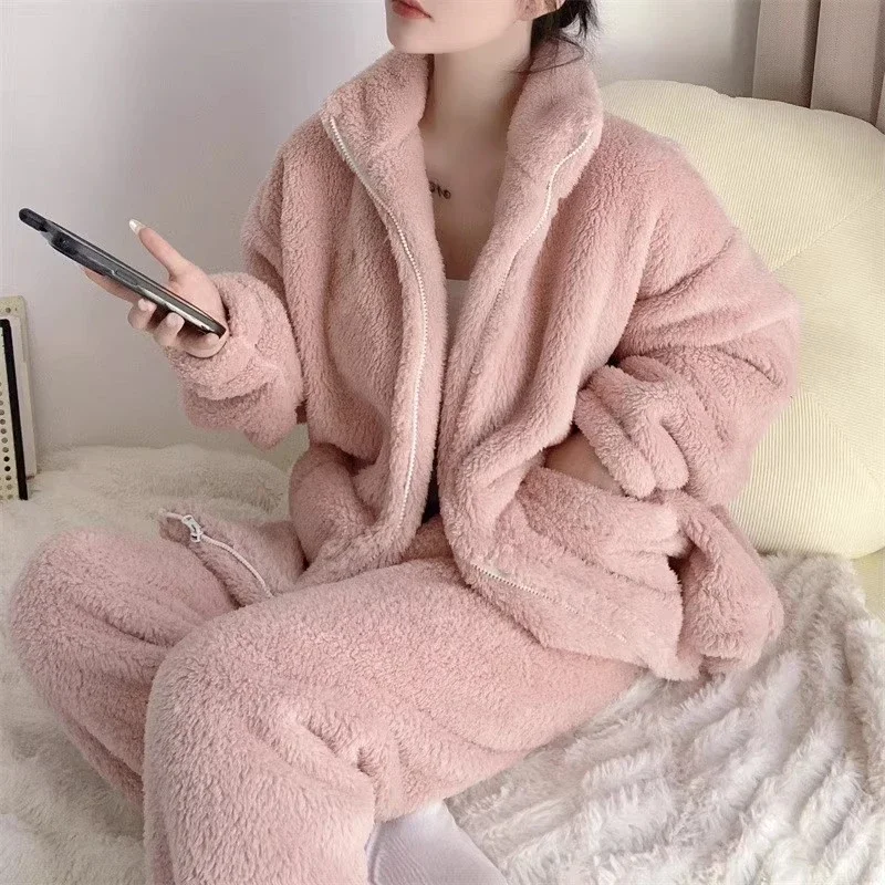 Kobiety Piżama może nosić na zewnątrz Koralowa Aksamitna Damska Jesień Zima Flanelowy Zestaw Gruby Ciepły Zamek Duża Kieszeń Dwuczęściowy