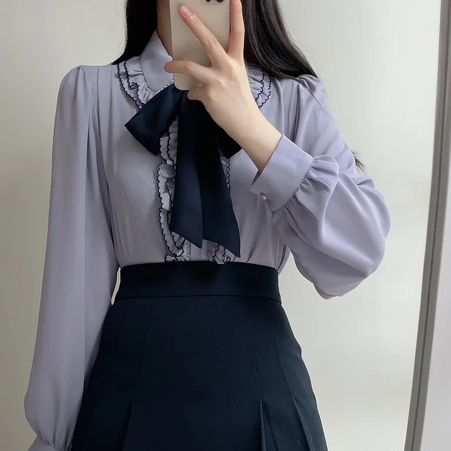 Модная женская рубашка с кукольным воротником блузка бантом женские топы