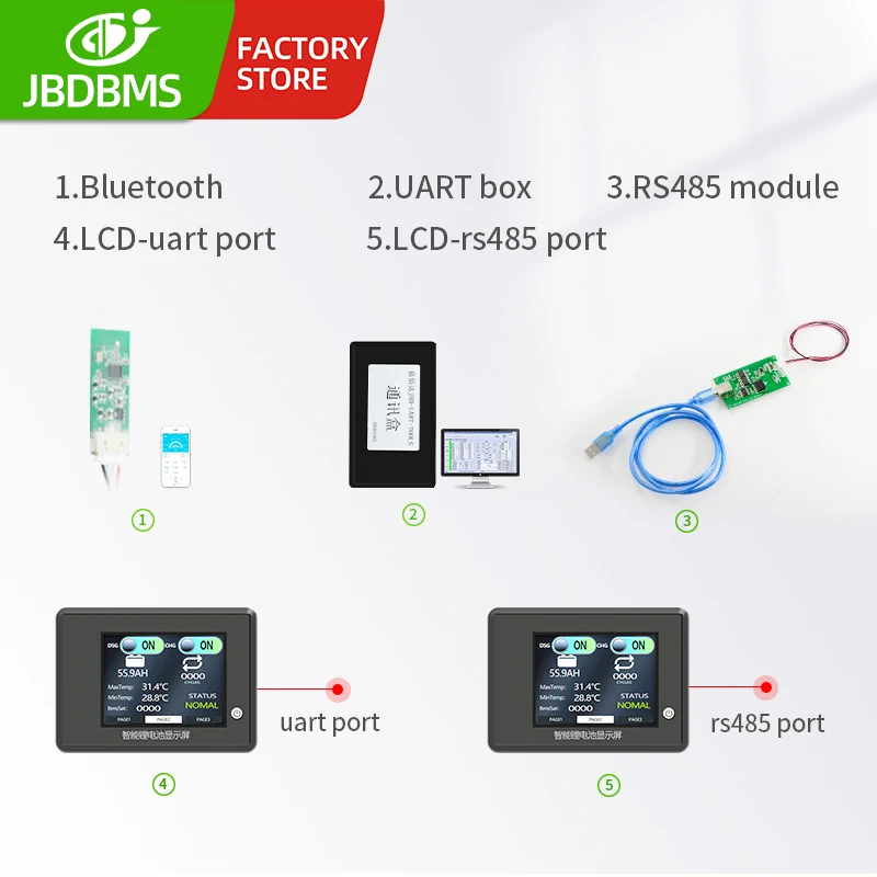 

JBD Accessories Bluetooth Module UART RS485 LCD Displayer For Lithium Battery Smart BMS 3S-20S With Communication Function