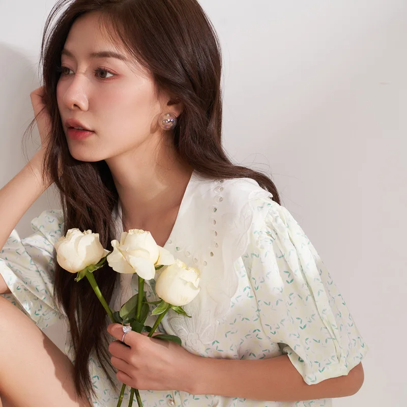 Summer New Pajamas for Women's Embroidered Collar Lemon Short-sleeved Shorts Home Service Suit Can Be Worn Outside Loungewear