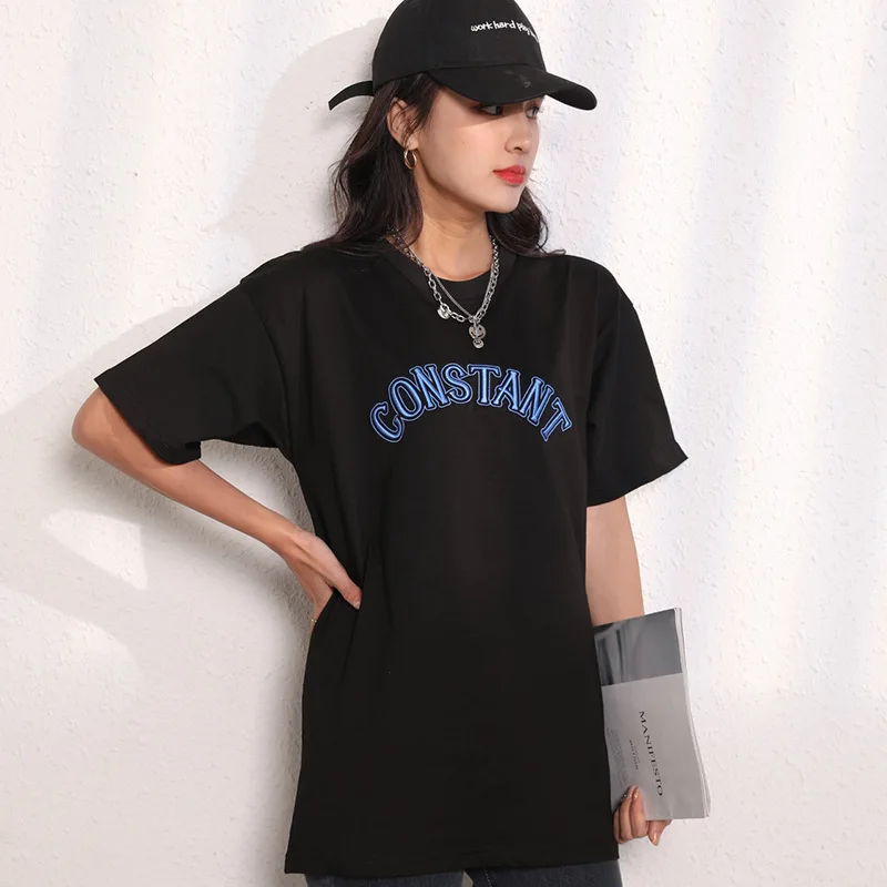 

Women Letter Print Cotton Tops Black Blue Mid Length Sport Style Loose T Shirts Summer O Neck Long Sleeve Plus Size Tees Casual