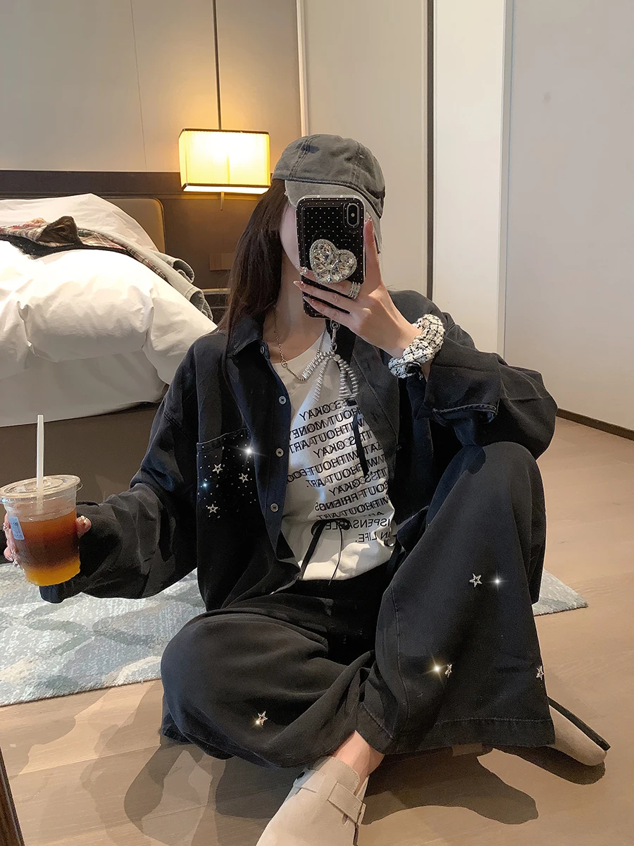 Zhuangda Mud Gray Black Soft Denim XINGX Hot Drilling Shirts Loose Women 2024 Autumn and Winter New Long sleeve Outerwear