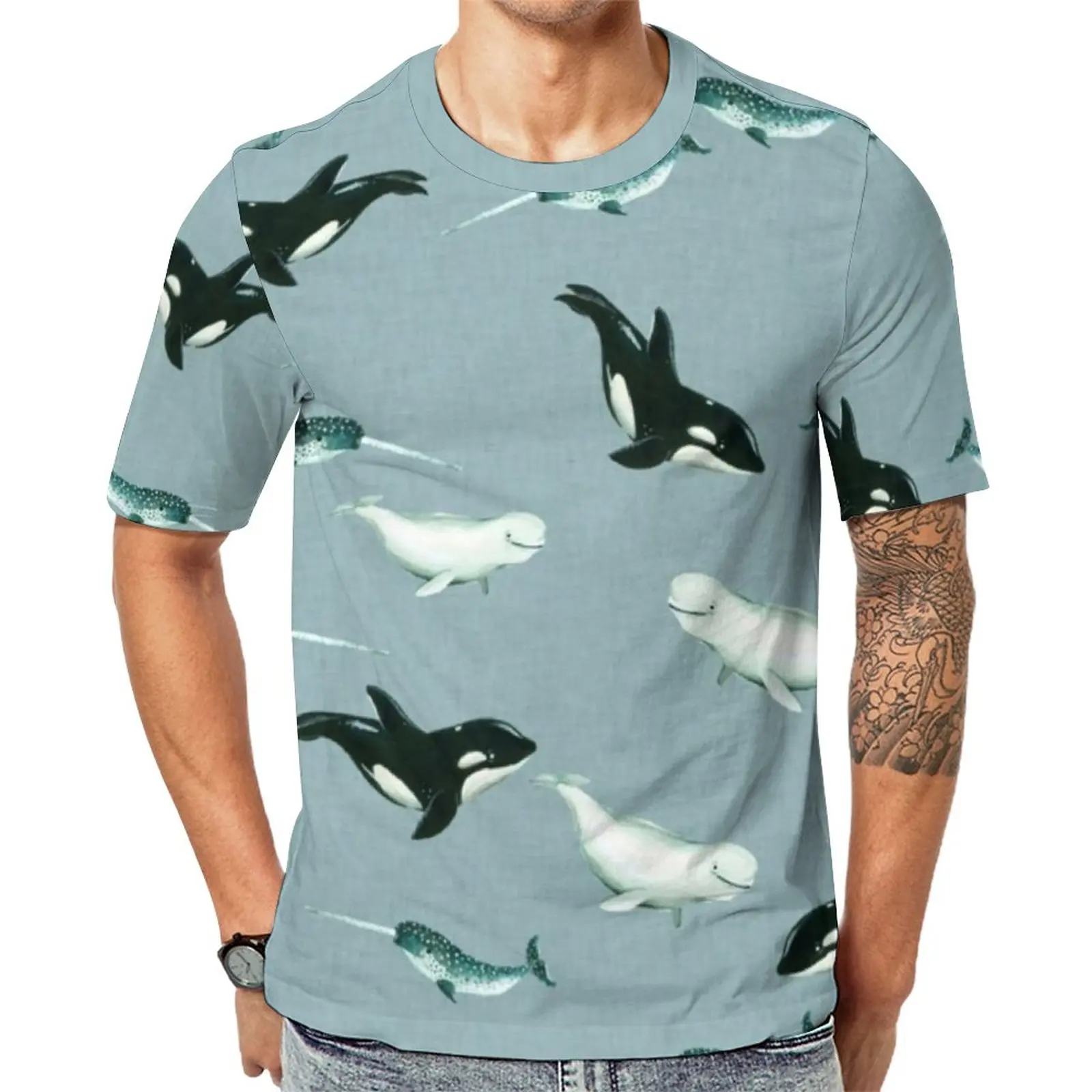 

Arctic Animal Print T-Shirt Whales And Bear Fashion T-Shirts Mens Fun Tee Shirt Beach Short Sleeve Graphic Tees Large Size