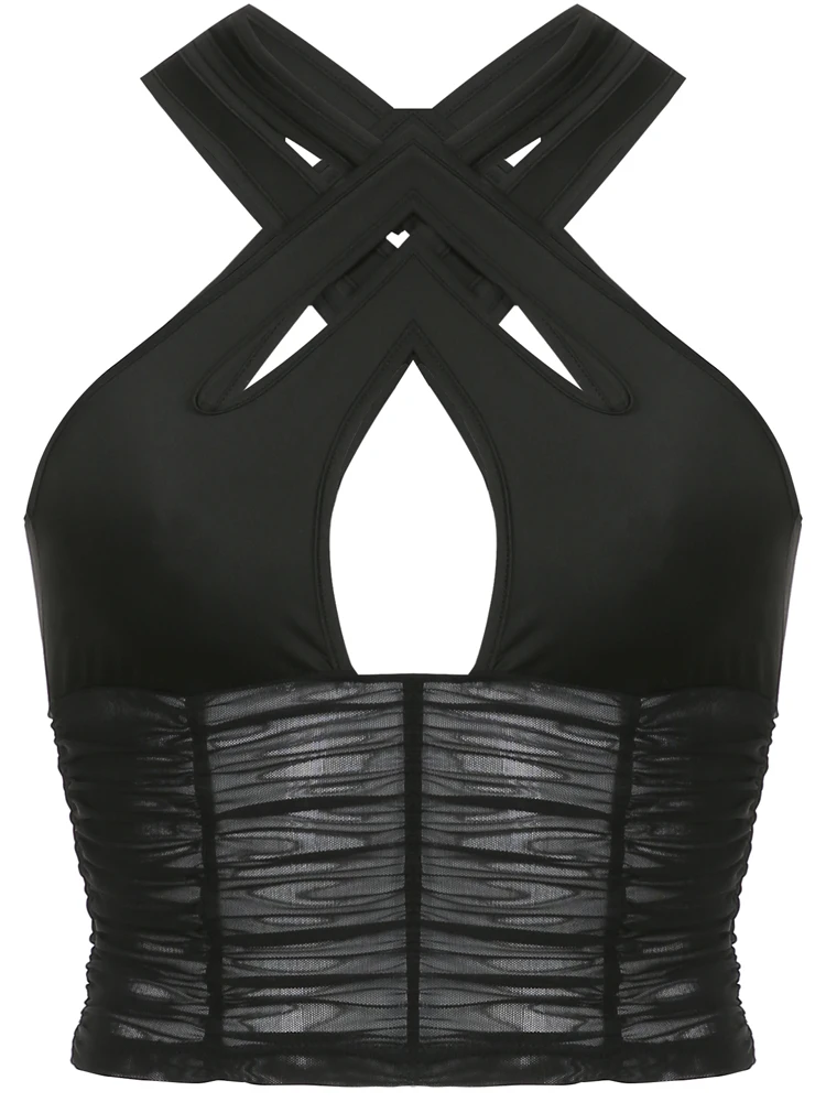 Модный черный пикантный укороченный топ Darlingaga женские сетчатые облегающие майки