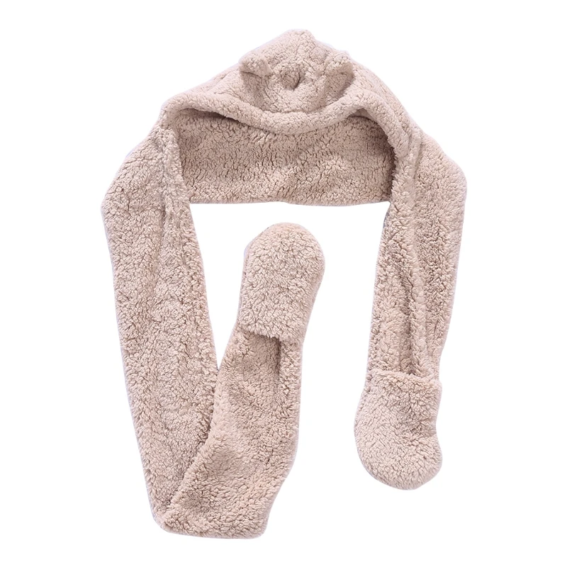 

Soft Winter Warm Fleece Hooded Scarf Hat Headscarf Neckwarmer with Pocket Gloves