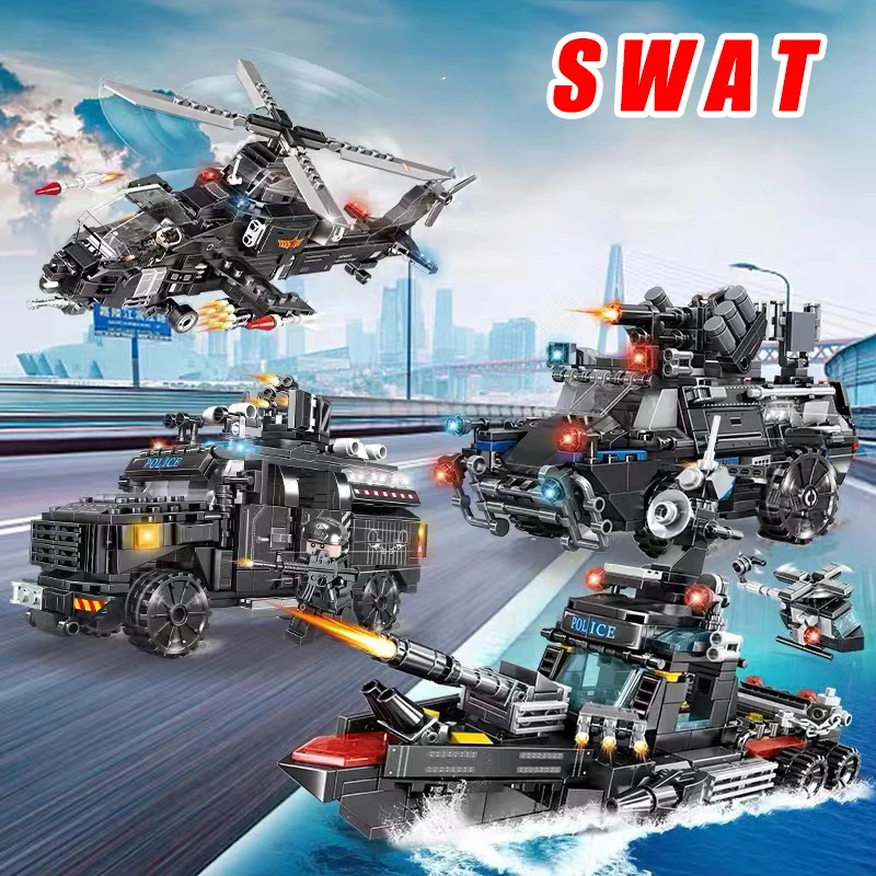 

4 IN 1 SWAT Police Armoured Car Vehicle Model Building Blocks City Machine Helicopter Battle ship Bricks Toy For Boy Gift MOC