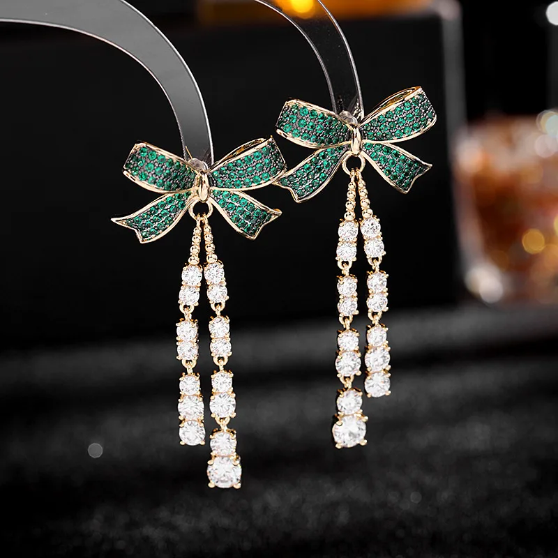 

Fashion Temperament Heavy Industry Earrings for Women S925 Silver Needle Retro Color Zirconium Earrings Tassel Bow Earrings