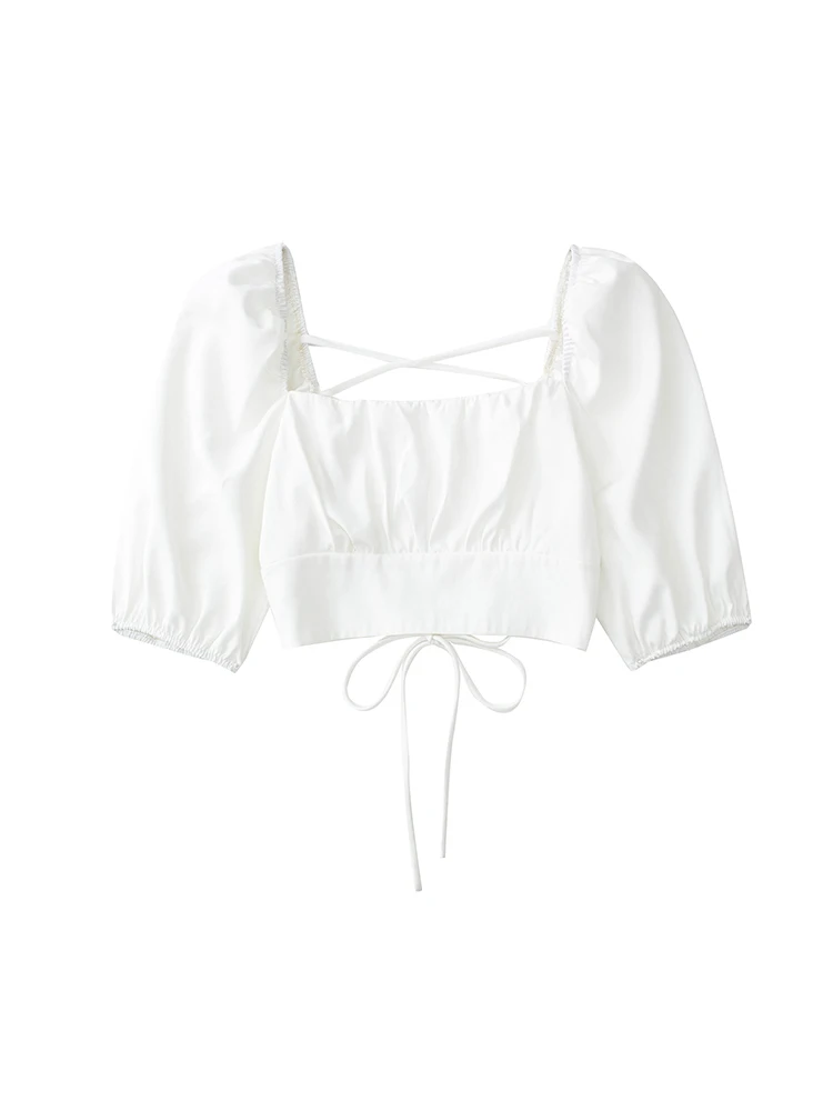 

Women Sexy Cropped White Tops 2022 Summer Puff Sleeve Square Collar Lace Up Backless Blouses Shirts