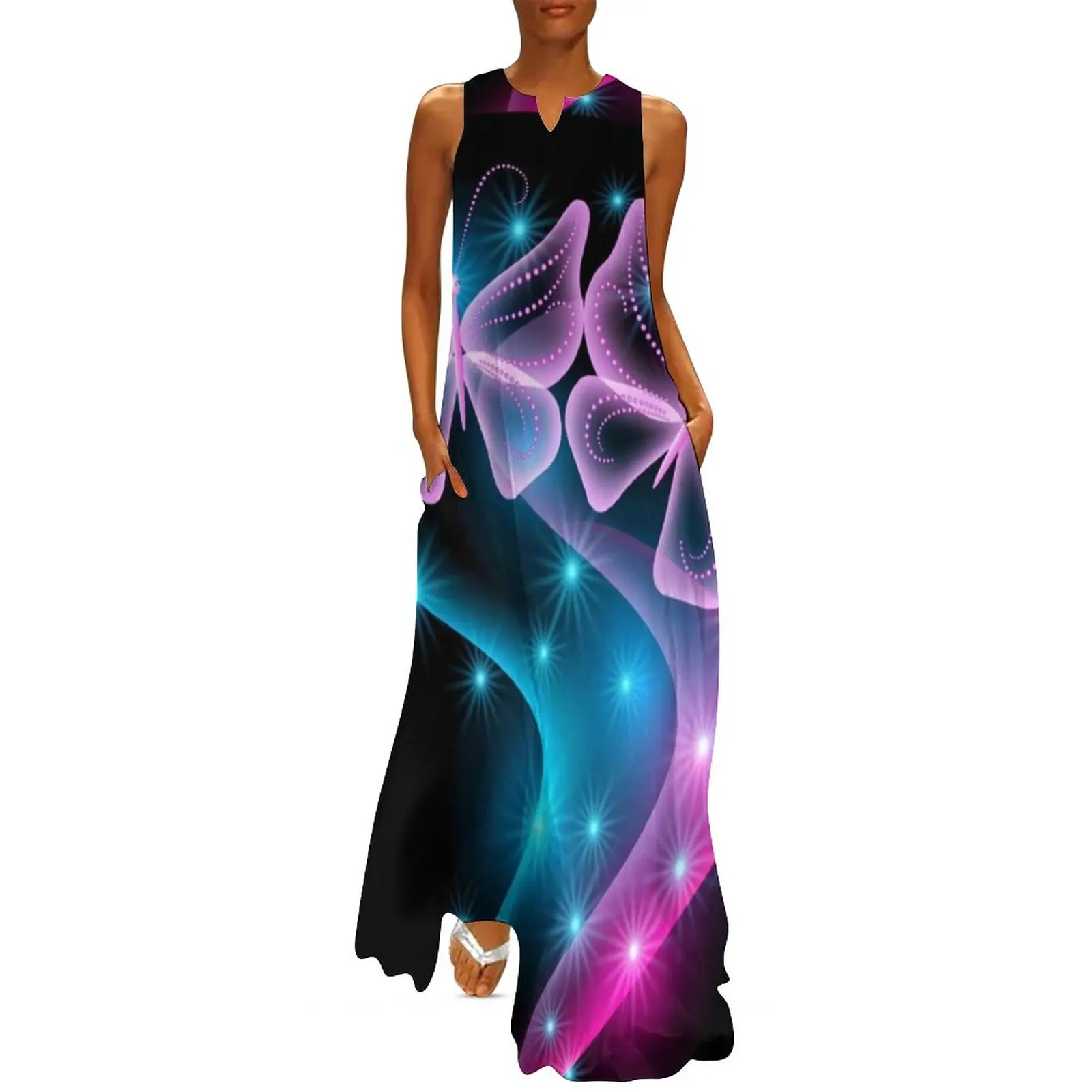 

Sparkly Blue And Purple Butterfly Dress Butterflies Art Vintage Maxi Dress Street Wear Casual Long Dresses Oversized Vestidos