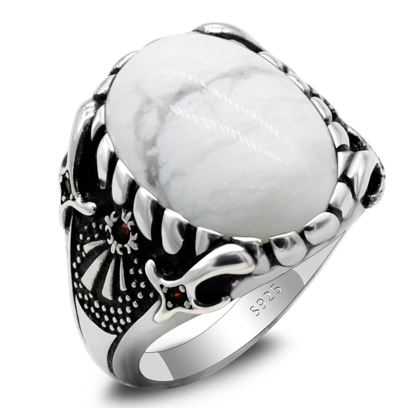 

925 Sterling Silver Natural White Turquoise Men's Silver Rings Turkish Punk Fashion Men Women Engagement Wedding Rings Jewelry