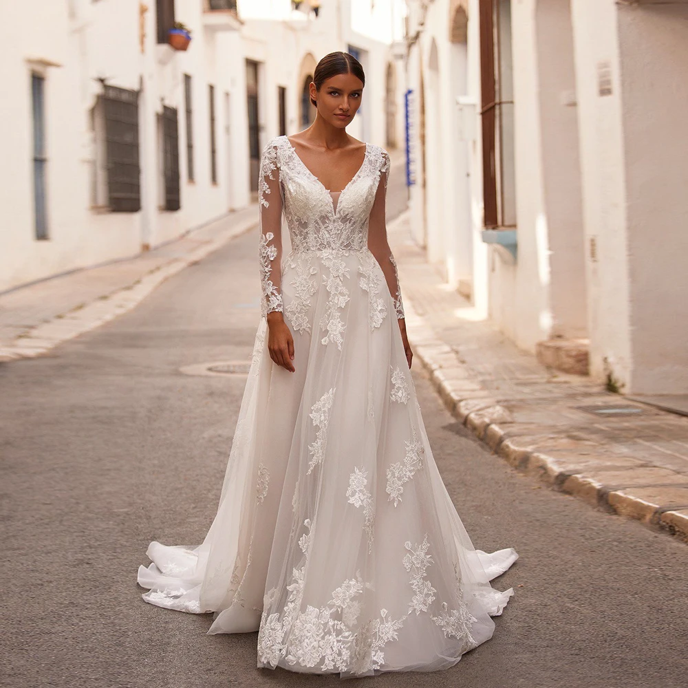 

Elegant Ivory Wedding Dresses V Neck Long Sleeves Bridal Gowns Appliques Backless Sweep Train A-Line Tulle Robe De Mariee 2023
