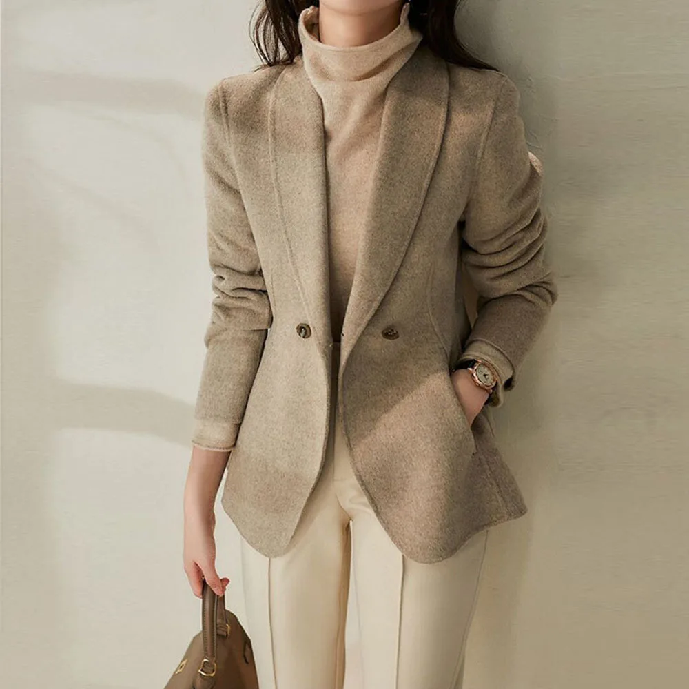 

Autumn Elegant Women's Suit Jacket 2022 Winter New Office Lady Simple Blazer Career Women One Button Waist Woolen Outerwear Tops
