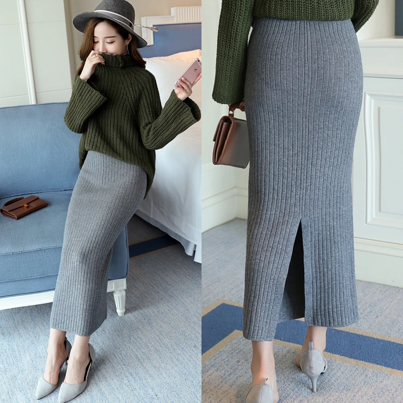 Knitted Skirts Elastic High Waist Warm Thick Sweater Skirt Ladies Slim Bodycon Long Saia