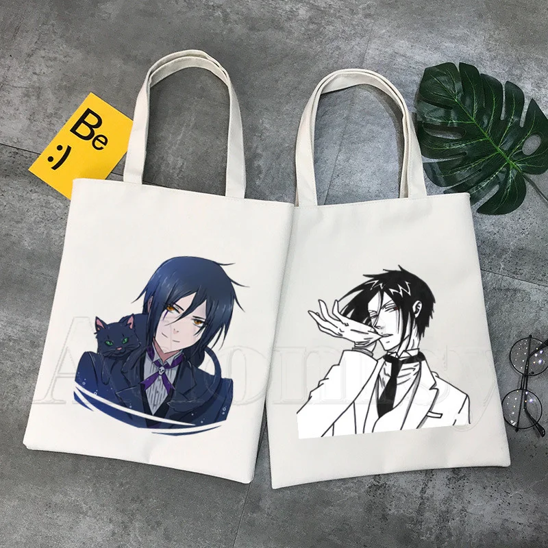 

Black Butler Women Canvas Shopping Bag Letters Print Female Cloth Shoulder Bag Eco Handbag Tote Reusable Grocery Shopper Bags